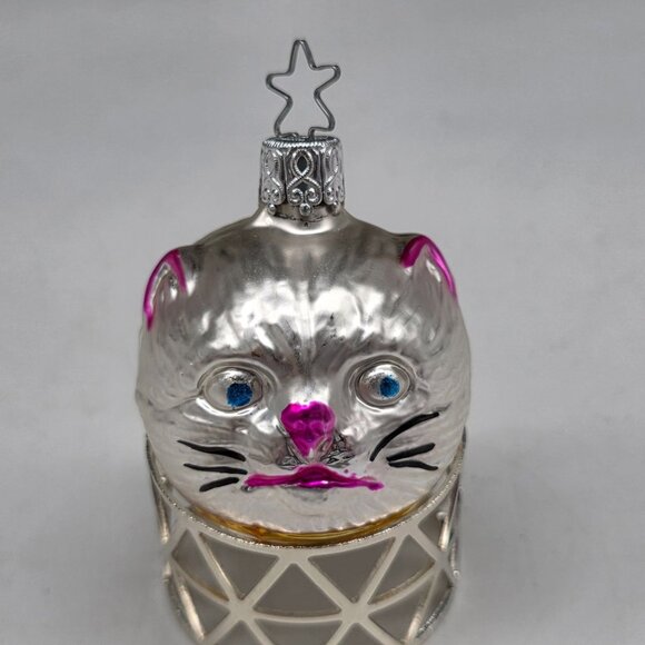 Inge Glas Cat Ball German Glass Christmas Ornament Silver 2" - Picture 1 of 6